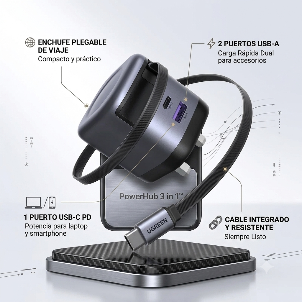POWER HUB "3 EN 1™ – ⚡Tecnología Retráctil Inteligente + Carga Turbo 45W
